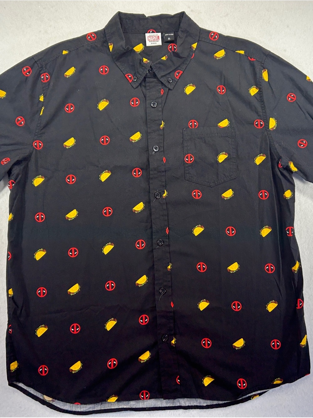 Marvel Deadpool Taco Party Button Up Shirt Mens XL Black Short Sleeve